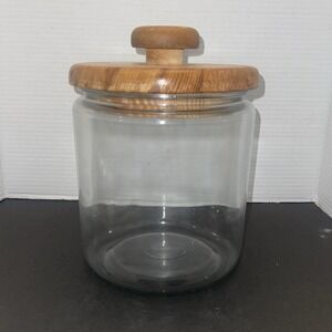 Vtg Large 7.5" Glass Canister w/ Wood Lid 10" Cookie Jar/Multipurpose Container